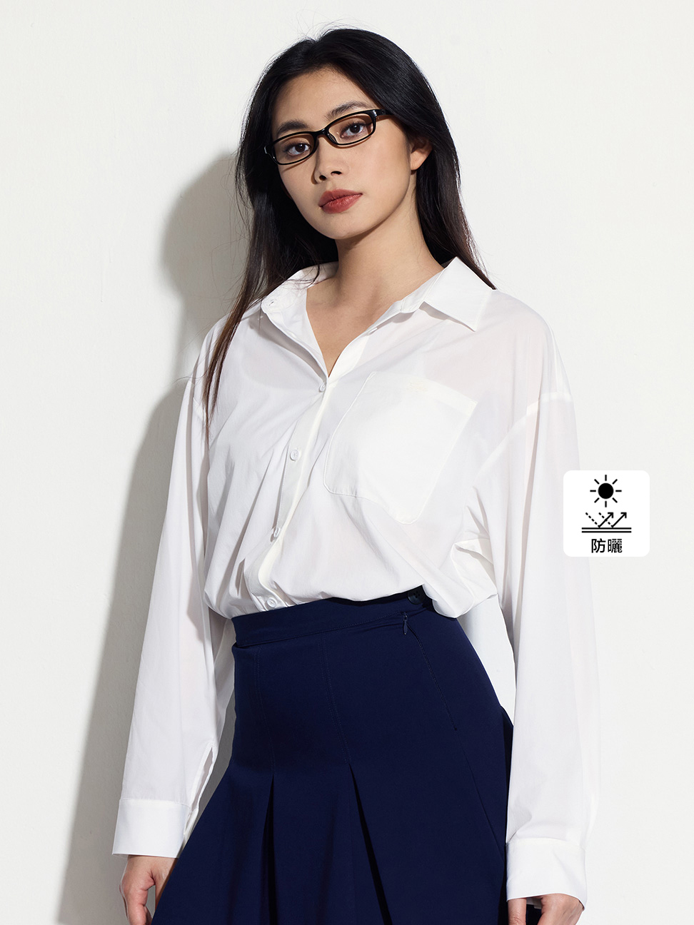 女裝|Logo防曬翻領長袖襯衫-白色