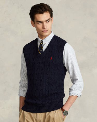 Cable-Knit Cotton Sweater Vest in Blue | Ralph Lauren® HK