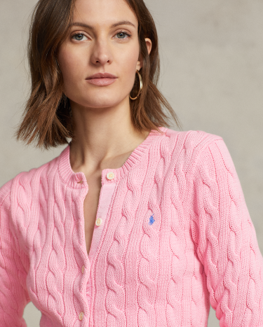 Cable-Knit Cotton Crewneck Cardigan in Pink | Ralph Lauren® HK