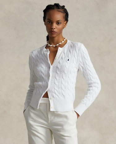 大人女性の Cable-Knit HK Lauren® Ralph | White in Cardigan Crewneck Cotton トップス