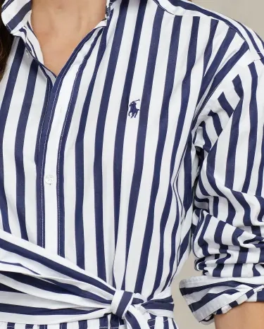 Belted Wide-Stripe Cotton Shirtdress in Navy | Ralph Lauren® HK