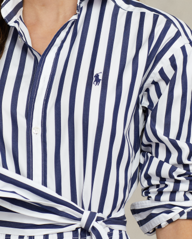 Belted Wide-Stripe Cotton Shirtdress in Navy | Ralph Lauren® HK