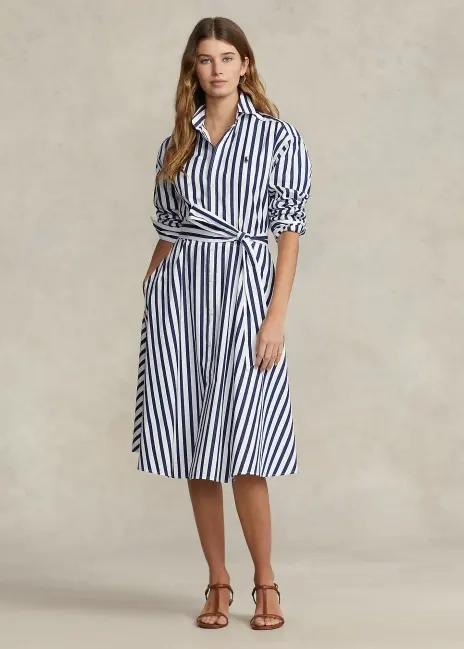 Ralph Lauren Belted Wide-Stripe Cotton Shirtdress