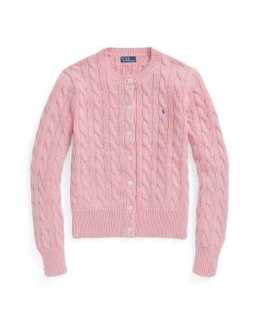 Cable-Knit Cotton Crewneck Cardigan in Pink | Ralph Lauren® HK