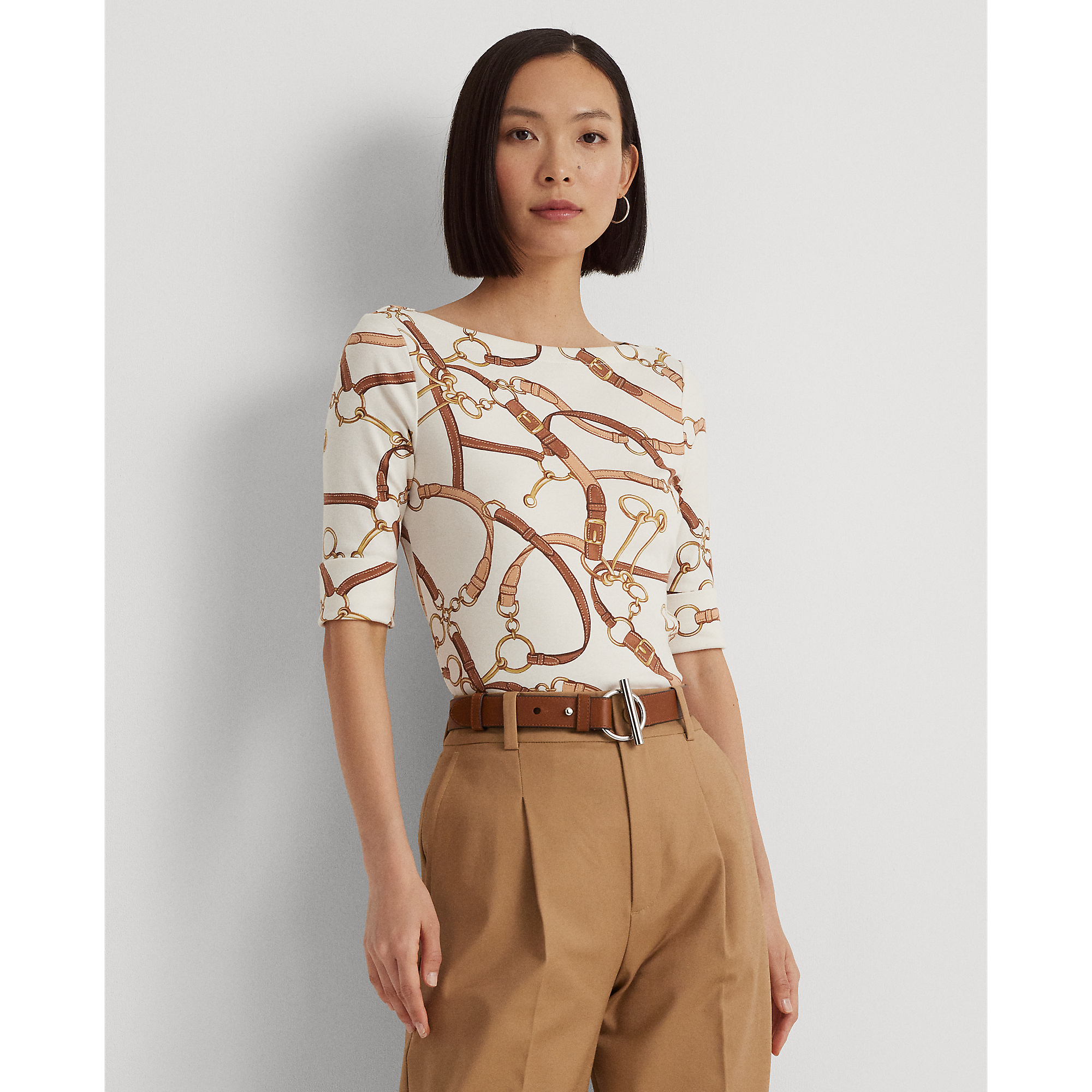Belting-Print Cotton Boatneck Tee in White | Ralph Lauren® HK