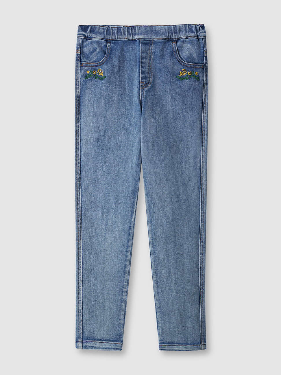 兒童裝|刺繡鬆緊牛仔褲(1-14歲)-淺色水洗