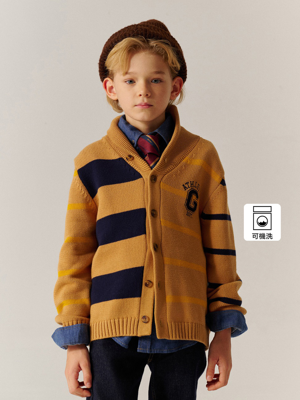 男童裝|Logo純棉刺繡翻領針織外套-卡其色