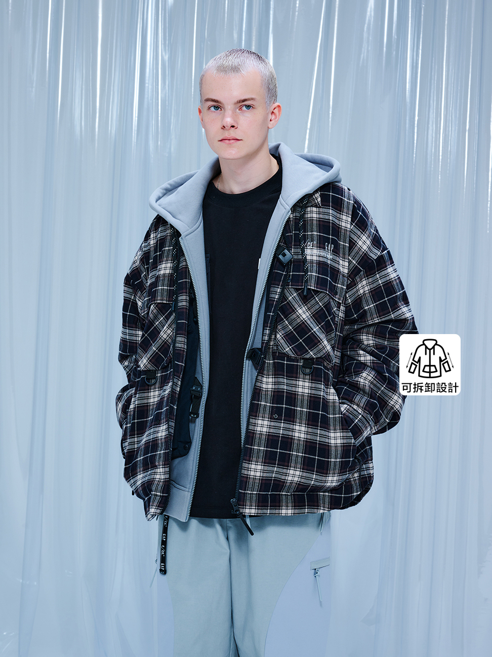 男裝|Gap x F/CE聯名 Logo刺繡印花可拆式翻領外套-黑色格子
