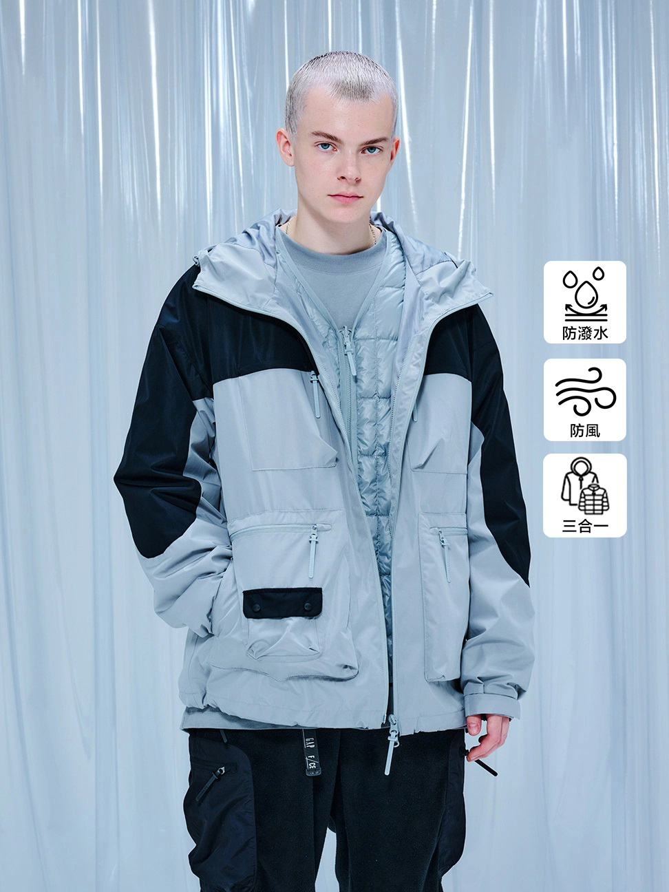 男裝|Gap x F/CE聯名 Logo印花三合一防風防潑水連帽羽絨外套-灰色