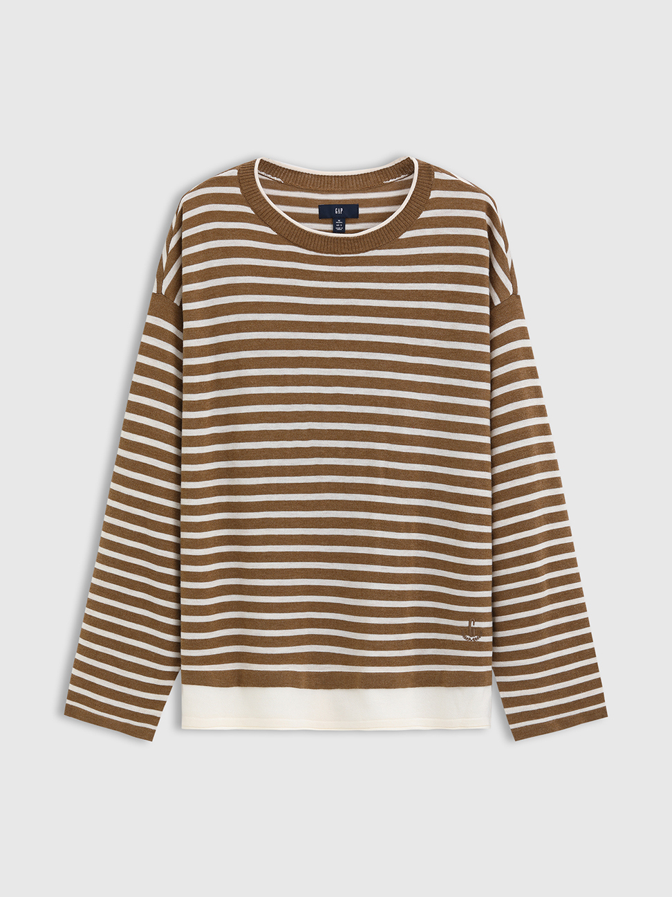 女裝|Logo刺繡假兩件圓領長袖針織衫-卡其色條紋