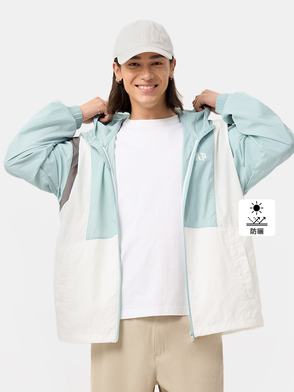 男裝|Logo印花防曬連帽外套-藍色拼接