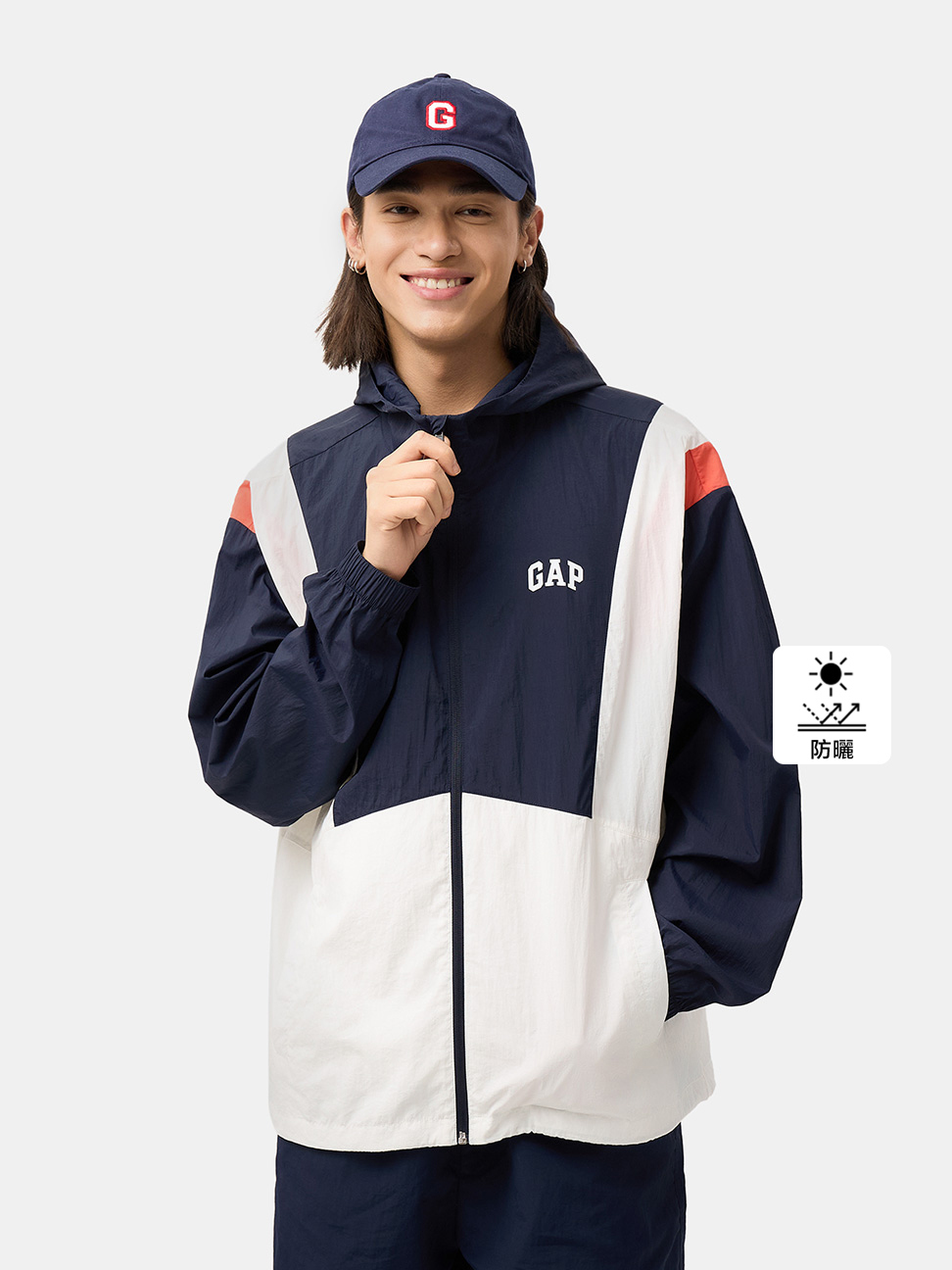 男裝|Logo印花防曬連帽外套-海軍藍拼接