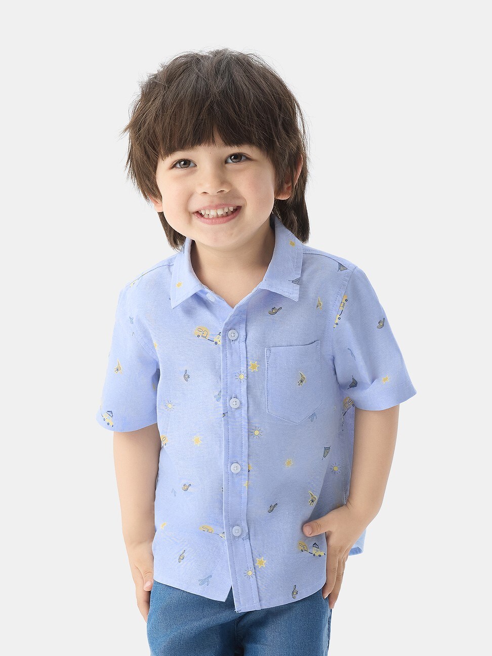 男幼童裝|純棉印花翻領短袖襯衫-淺藍色