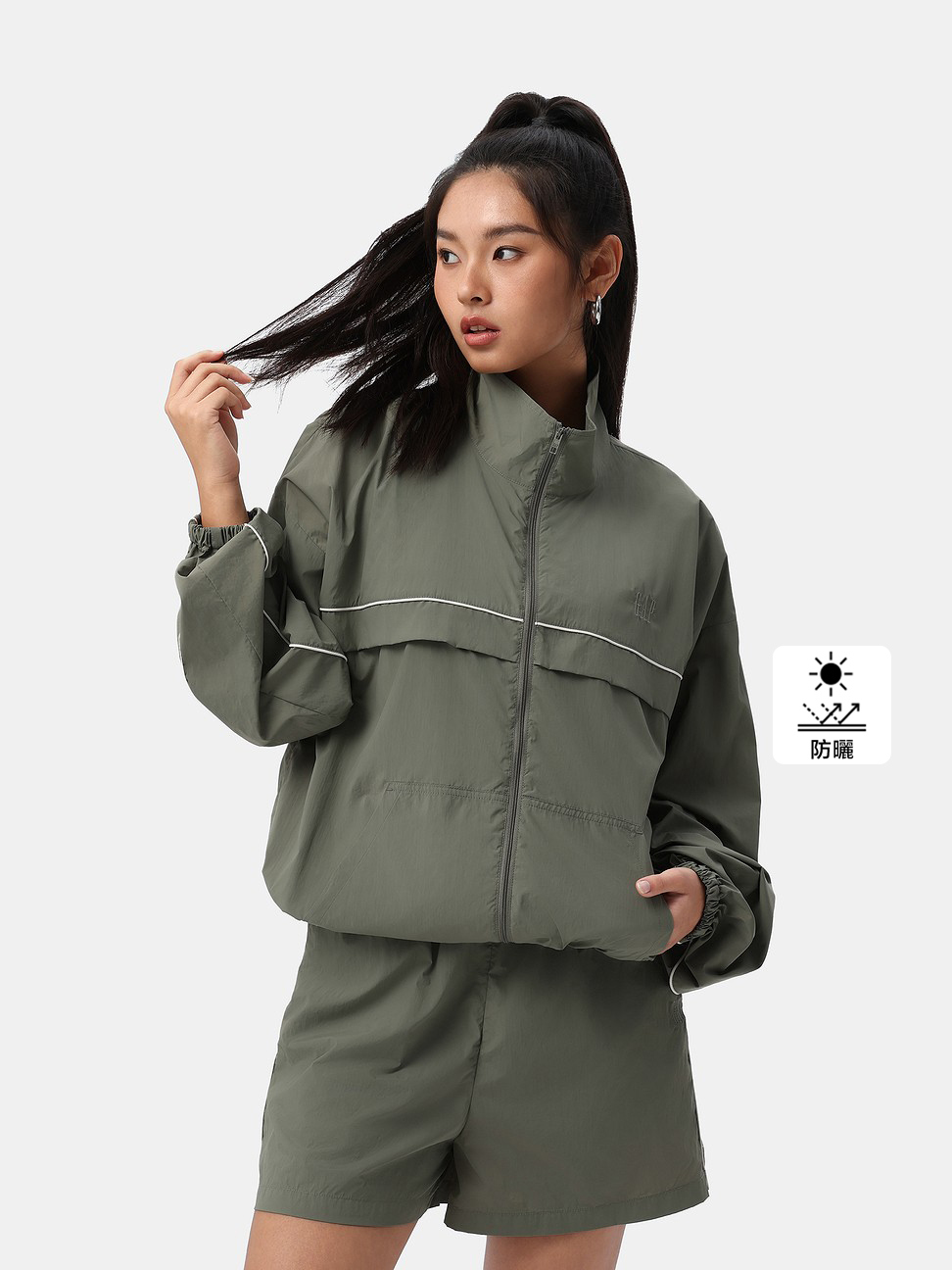 女裝|Logo刺繡防曬立領外套-軍綠色