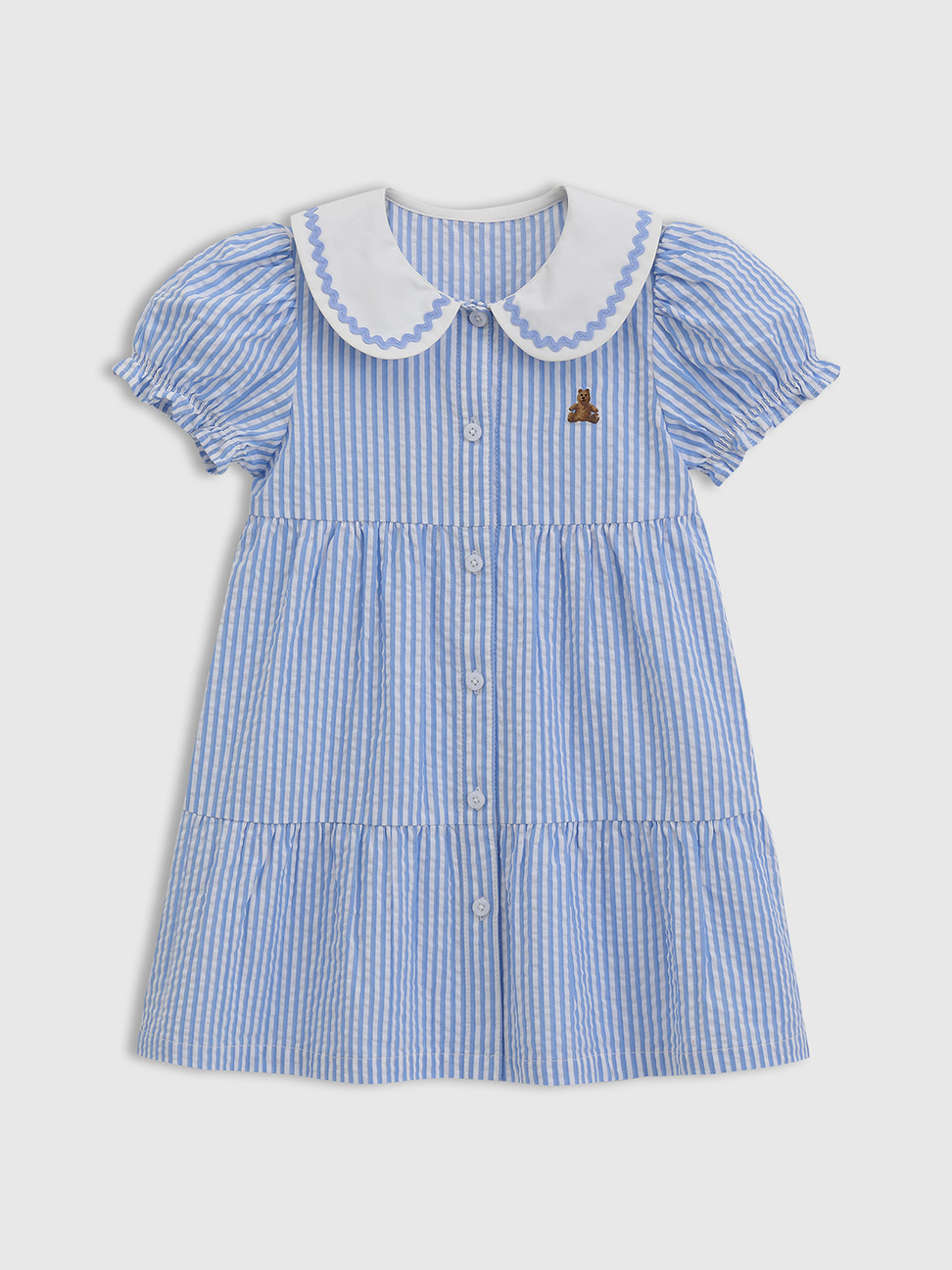 女幼童裝|純棉小熊刺繡翻領短袖洋裝 布萊納系列-澈空藍