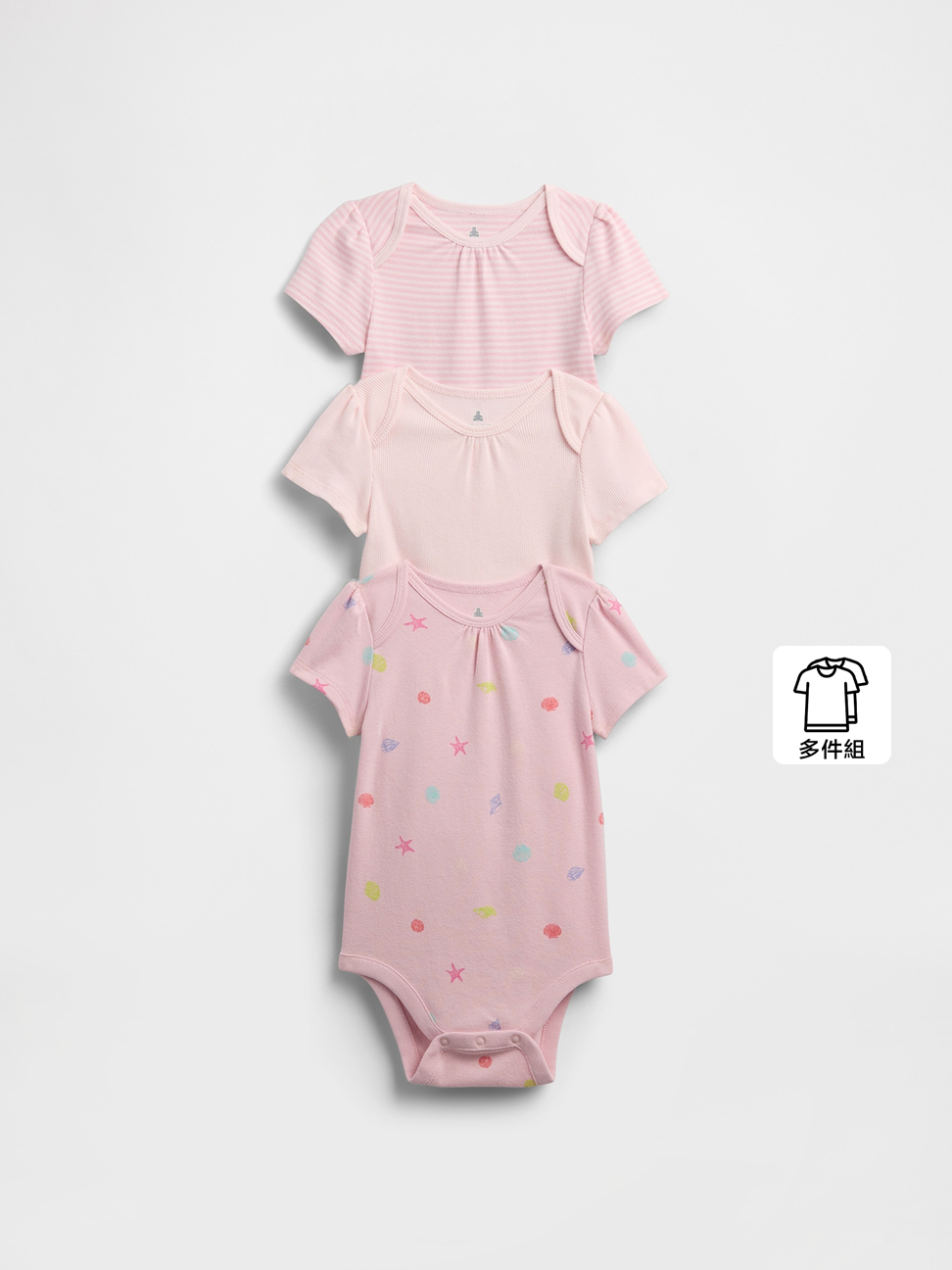 嬰兒裝|純棉圓領短袖包屁衣三件組-粉色組合