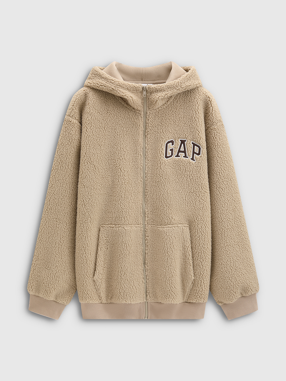 男女同款|Logo刺繡刷毛連帽外套-卡其色