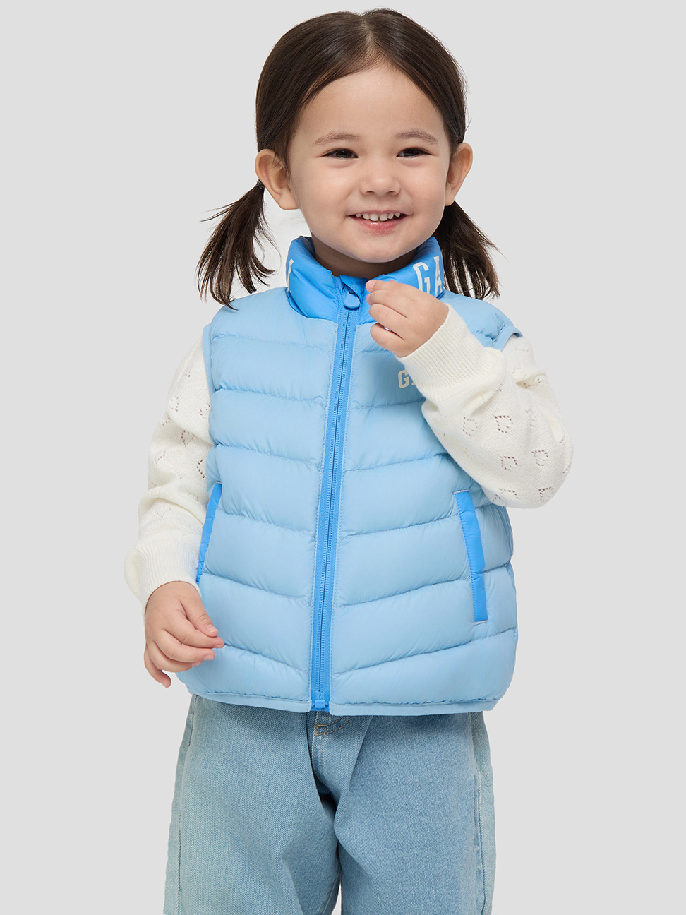 女幼童裝|Logo印花立領羽絨背心外套-藍色