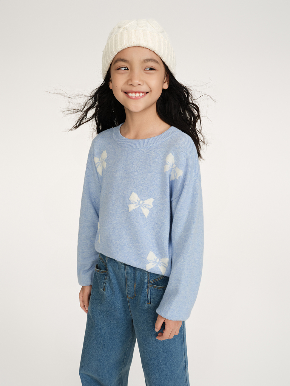 女童裝|刺繡圓領長袖針織衫 CashSoft系列-淺藍色