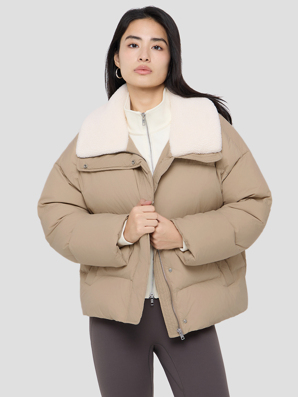 女裝|短版翻領羽絨外套-卡其色