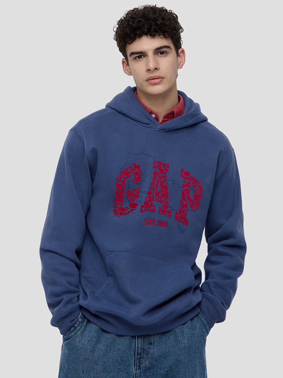 男女同款|馬年限定 Logo刺繡/印花刷毛帽T-藍色