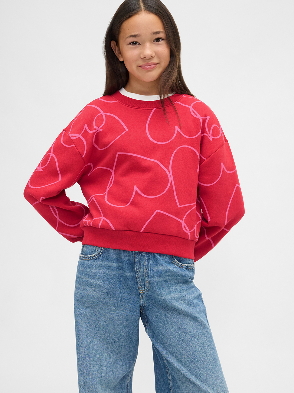 女童裝|印花圓領大學T-紅色