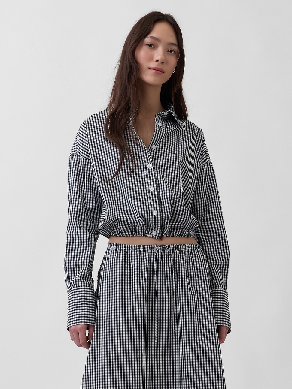 府綢寬版綁帶下擺短版襯衫