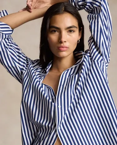 Oversize Fit Striped Cotton Shirt in Blue | Ralph Lauren® HK