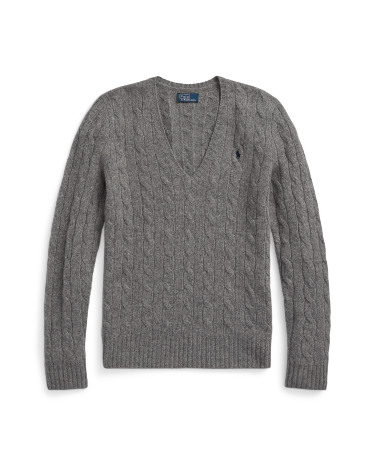 Cable-Knit Wool-Cashmere V-Neck Sweater in Grey | Ralph