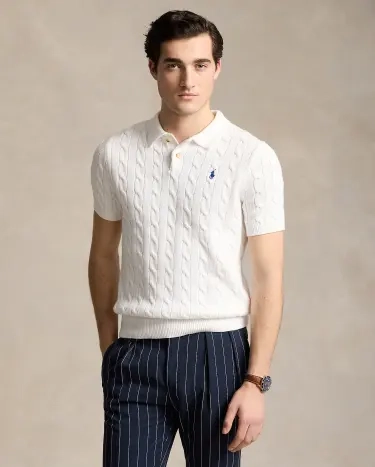 Cable-Knit Cotton Polo-Collar Sweater in White | Ralph