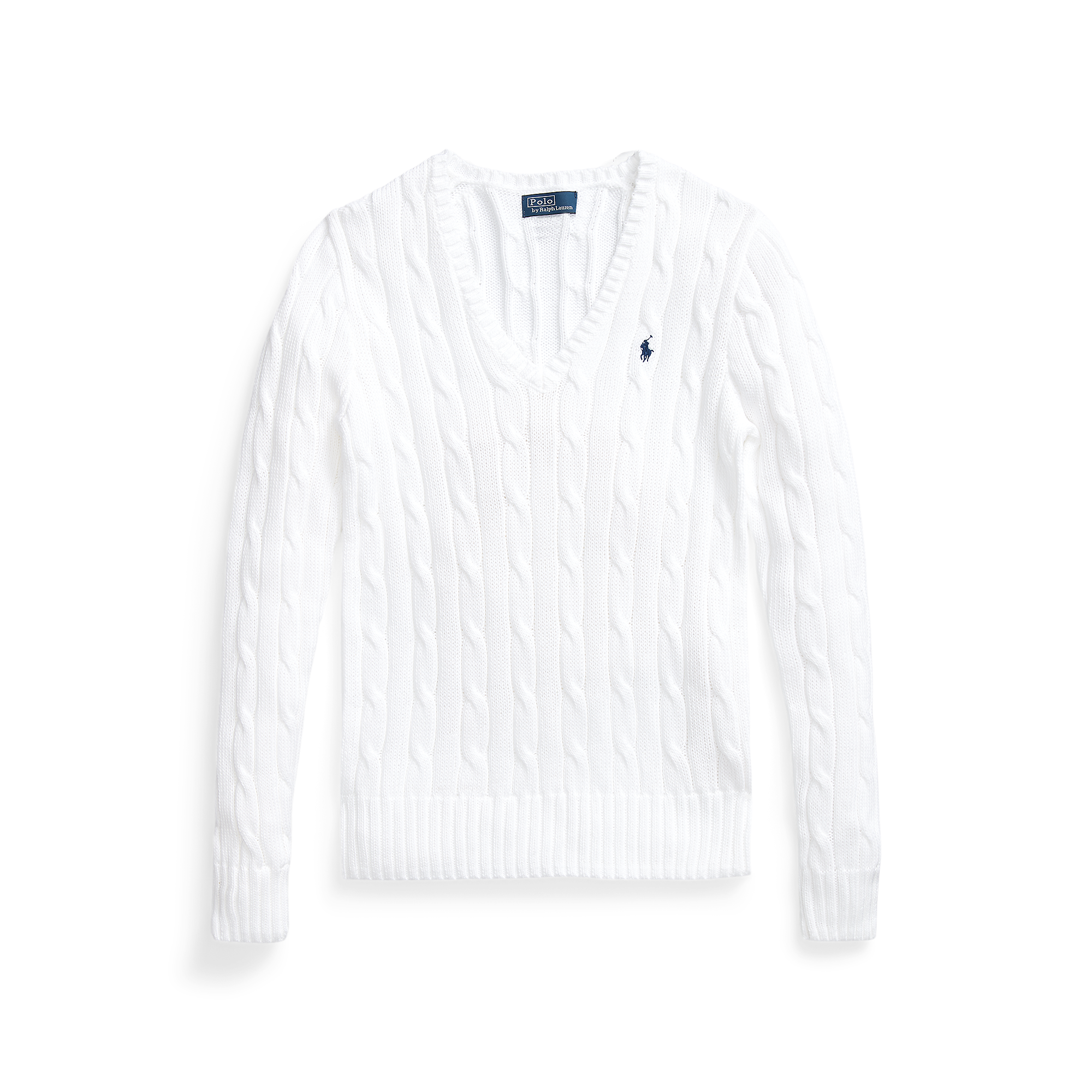 Cable-Knit Cotton V-Neck Sweater in White | Ralph Lauren® HK