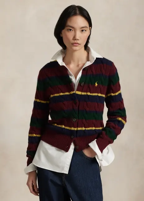 Ralph Lauren Striped Cable Wool-Cashmere Cardigan