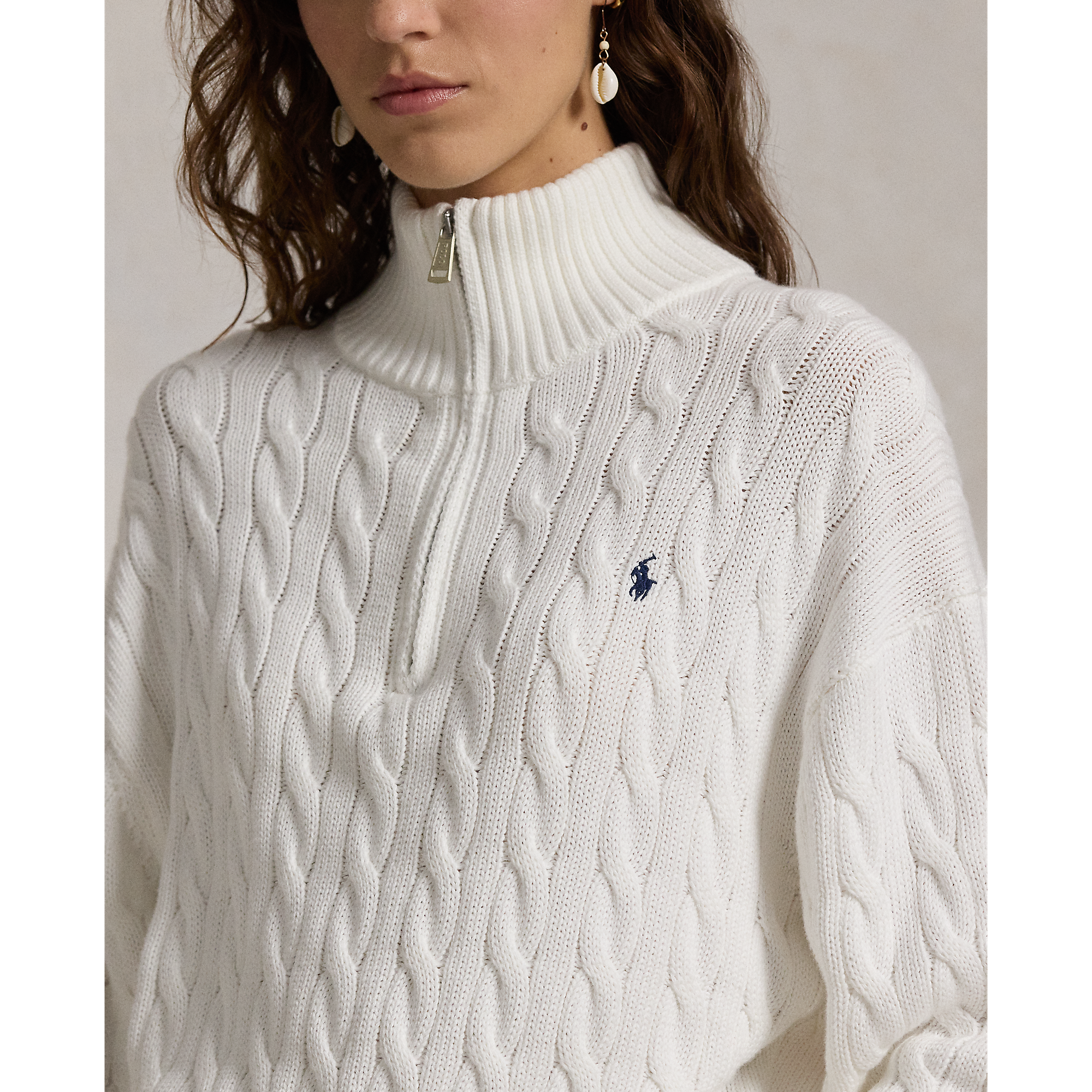 Cable-Knit Cotton Quarter-Zip Sweater in White | Ralph