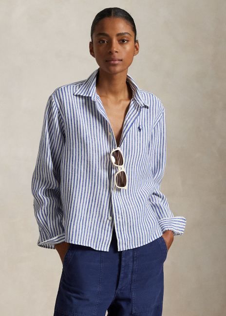 Ralph Lauren Wide Cropped Striped Linen Shirt
