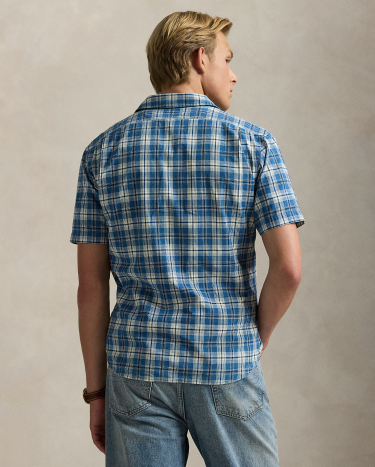 Classic Fit Indigo Plaid Camp Shirt in Blue | Ralph Lauren® HK