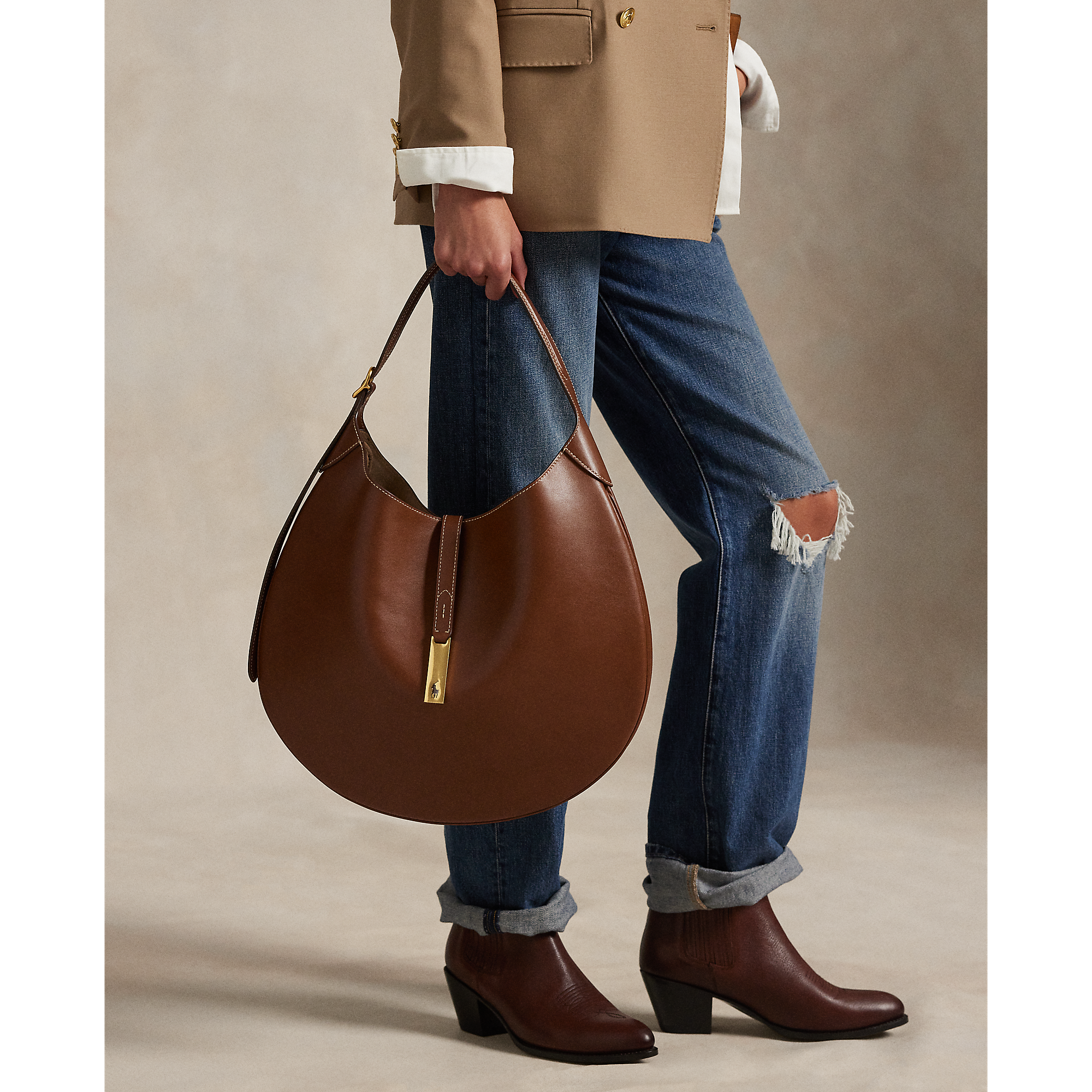 Polo ID Large Calfskin Shoulder Bag in Brown | Ralph Lauren® HK