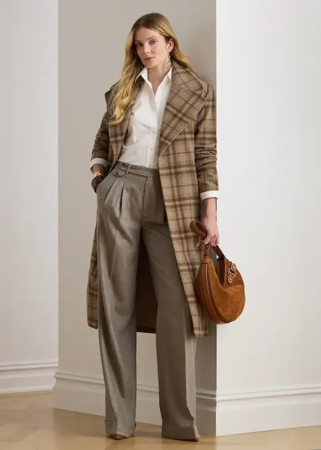 Ralph Lauren Plaid Wool-Blend Twill Wrap Coat