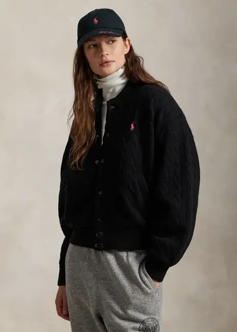 Ralph Lauren Pink Pony Cable-Knit Baseball Jacket