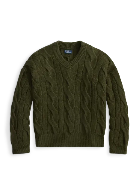 Ralph Lauren Cable-Knit Wool-Cashmere V-Neck Sweater