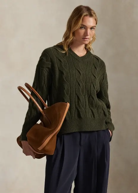 Ralph Lauren Cable-Knit Wool-Cashmere V-Neck Sweater