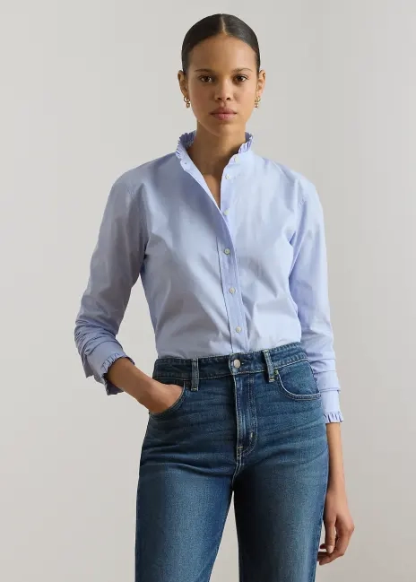 Ralph Lauren Ruffle-Trim End-on-End Cotton Shirt