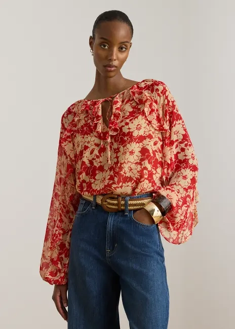Ralph Lauren Floral Ruffle-Trim Georgette Blouse