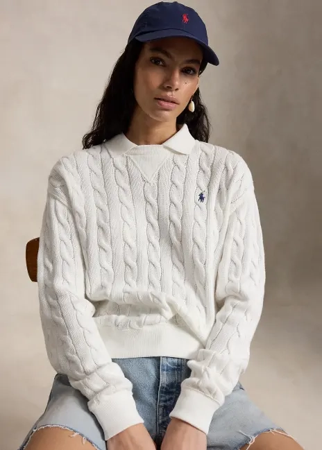Ralph Lauren Cable-Knit Cotton Polo-Collar Sweater