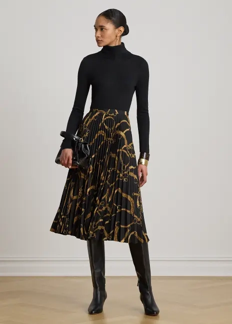 Ralph Lauren Belting-Print Pleated Crepe Skirt