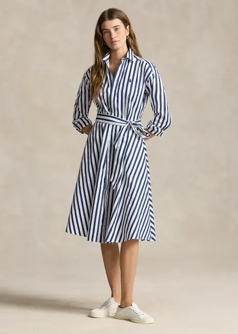 Ralph Lauren Belted Wide-Stripe Cotton Shirtdress