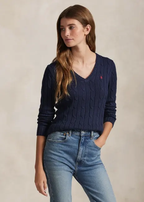 Ralph Lauren Cable-Knit Cotton V-Neck Sweater