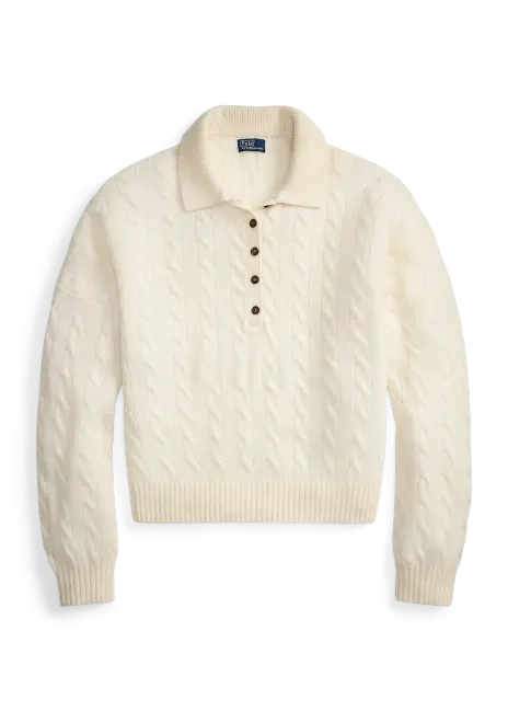 Ralph Lauren Cable Wool-Cashmere Polo-Collar Sweater