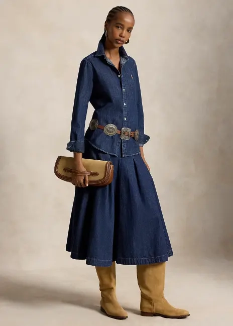 Ralph Lauren Pleated Denim Midi Skirt