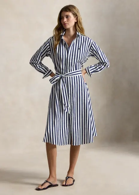 Ralph Lauren Belted Wide-Stripe Cotton Shirtdress