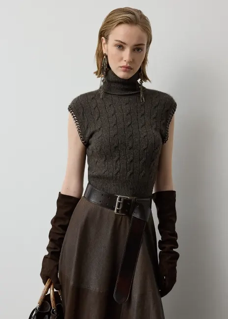 Ralph Lauren Chain-Trim Cable Sleeveless Turtleneck